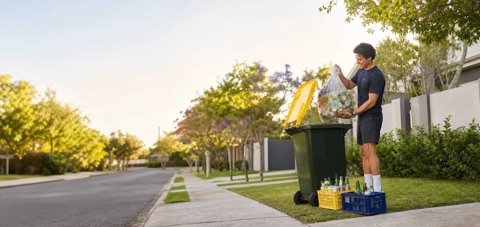 A Good Sort runner collecting sorted cans and bottles from a yellow-lid recycling bin in Brisbane.